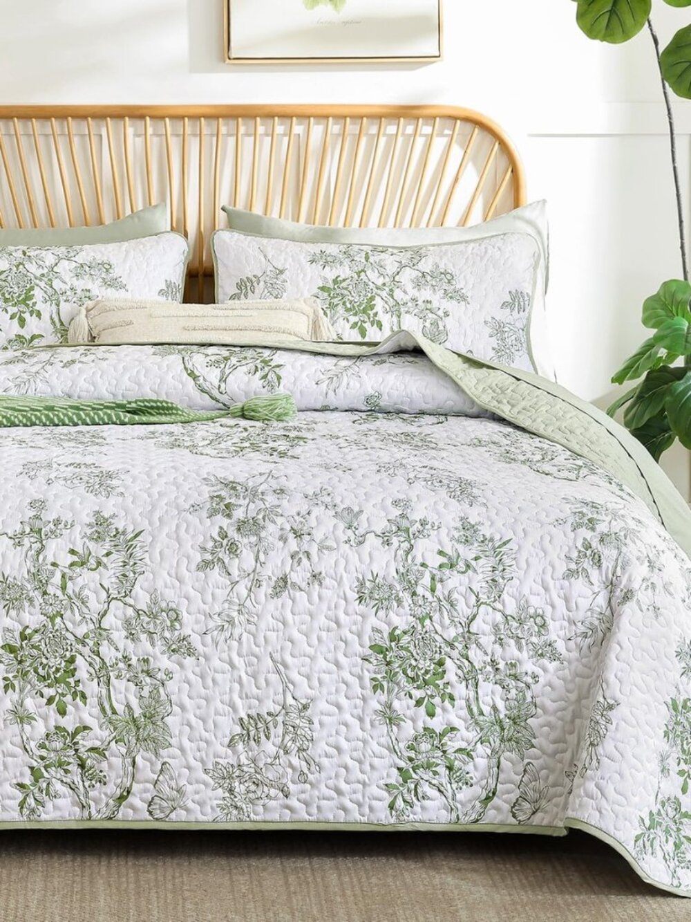 Floral Quilt Set King, 3 Pcs Sage Green Bedspreads Coverlets